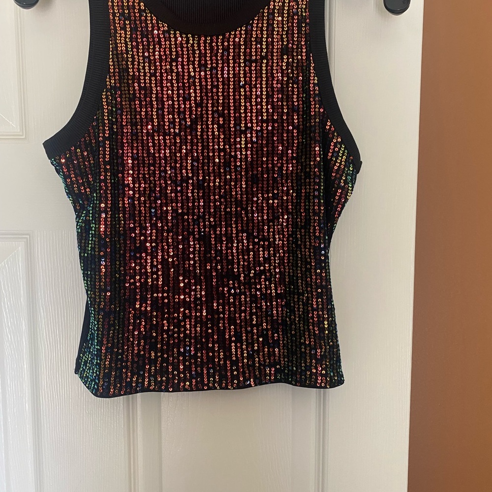 Sequin Rainbow-Striped Black Tank Top